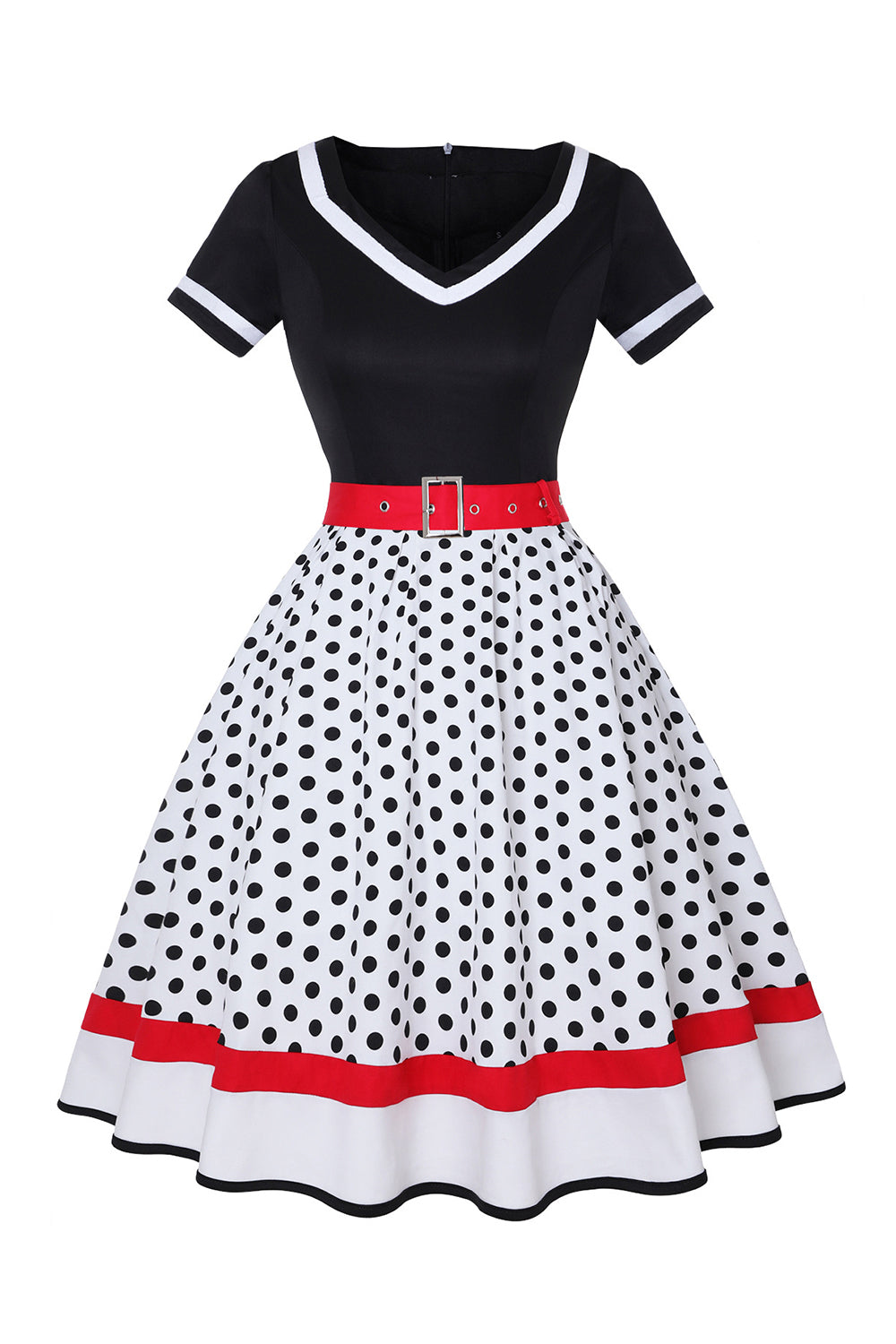 Svart V-hals Polka Dots 1950-tallet kjole