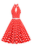 Hepburn Style Halter Neck Polka Dots Rød kjole fra 1950-tallet