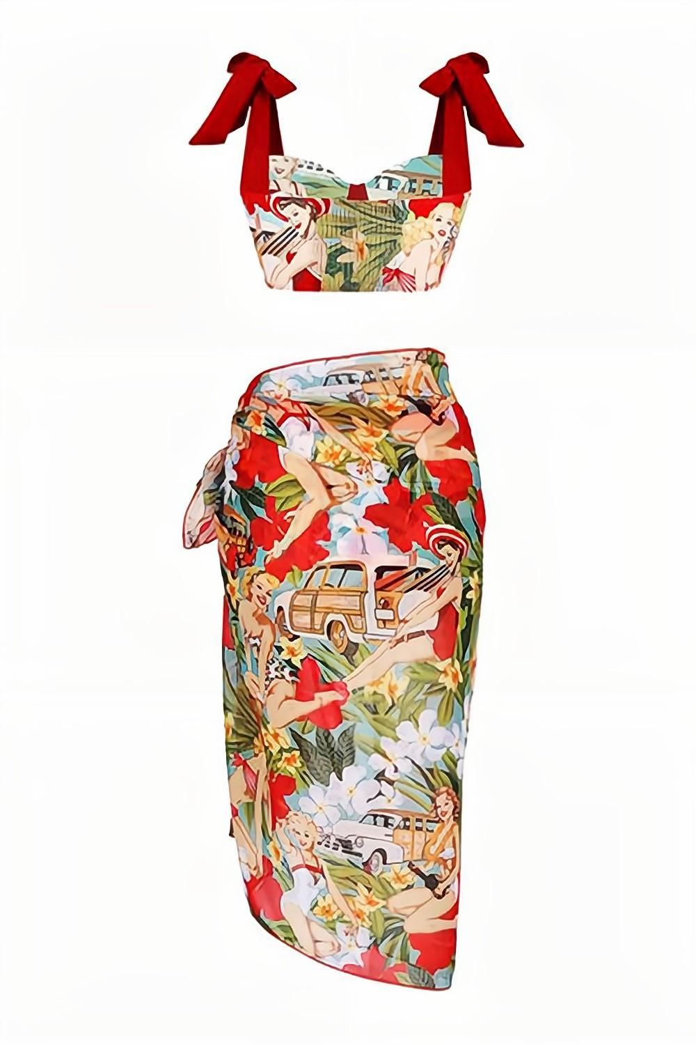 Todelt trykt badetøysett med strandkjole