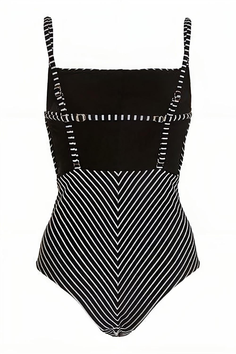 Black Stripe High Waist One Piece badedrakt med strandskjørt