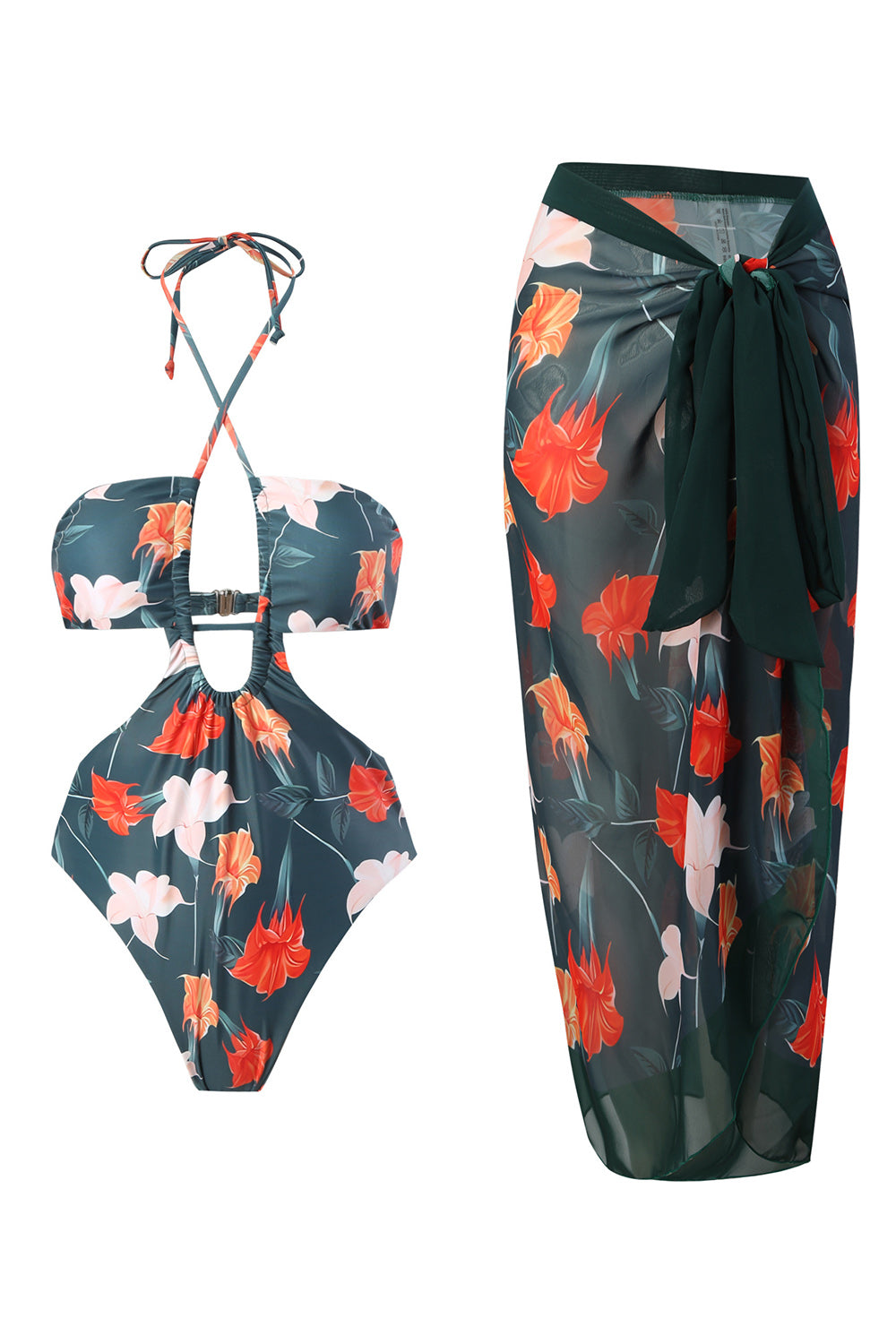 Halter Neck Nøkkelhull One Piece Bikini med strandskjørt