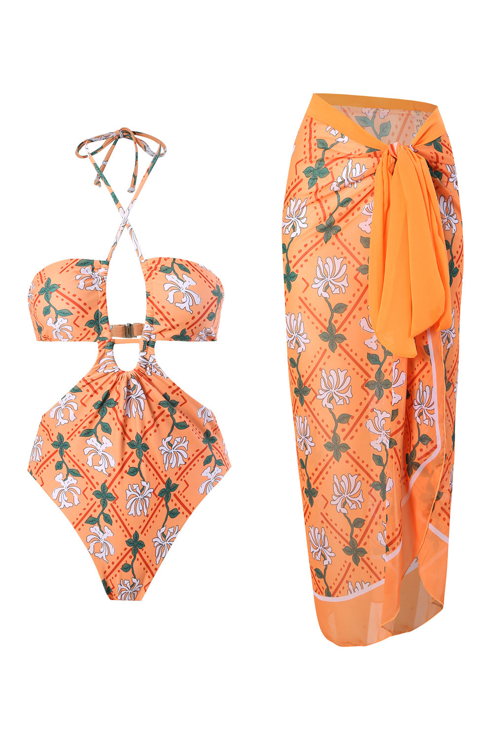 Halter Neck Nøkkelhull One Piece Bikini med strandskjørt