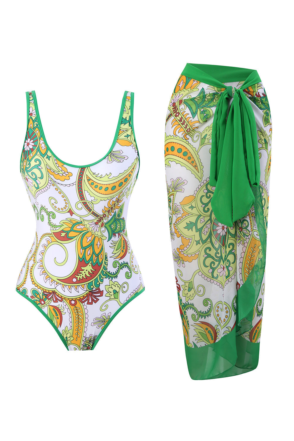 One Piece Green Trykt High Waist badetøy med strandskjørt