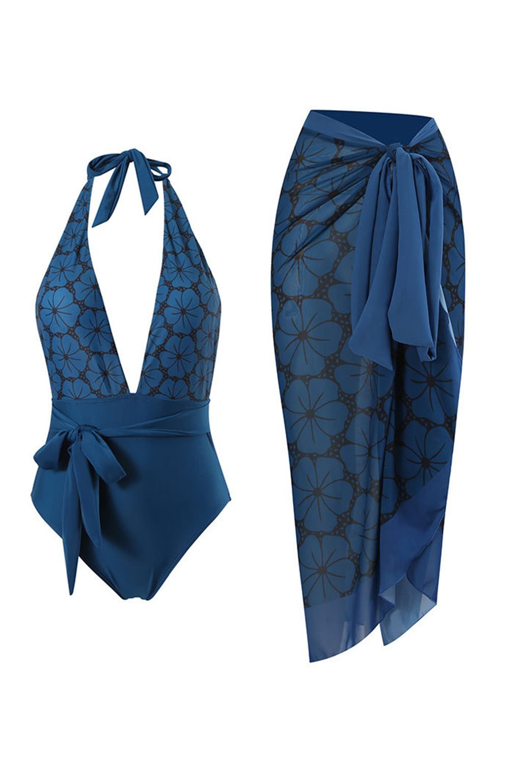 Halter Neck Green One Piece badetøy med strandskjørt