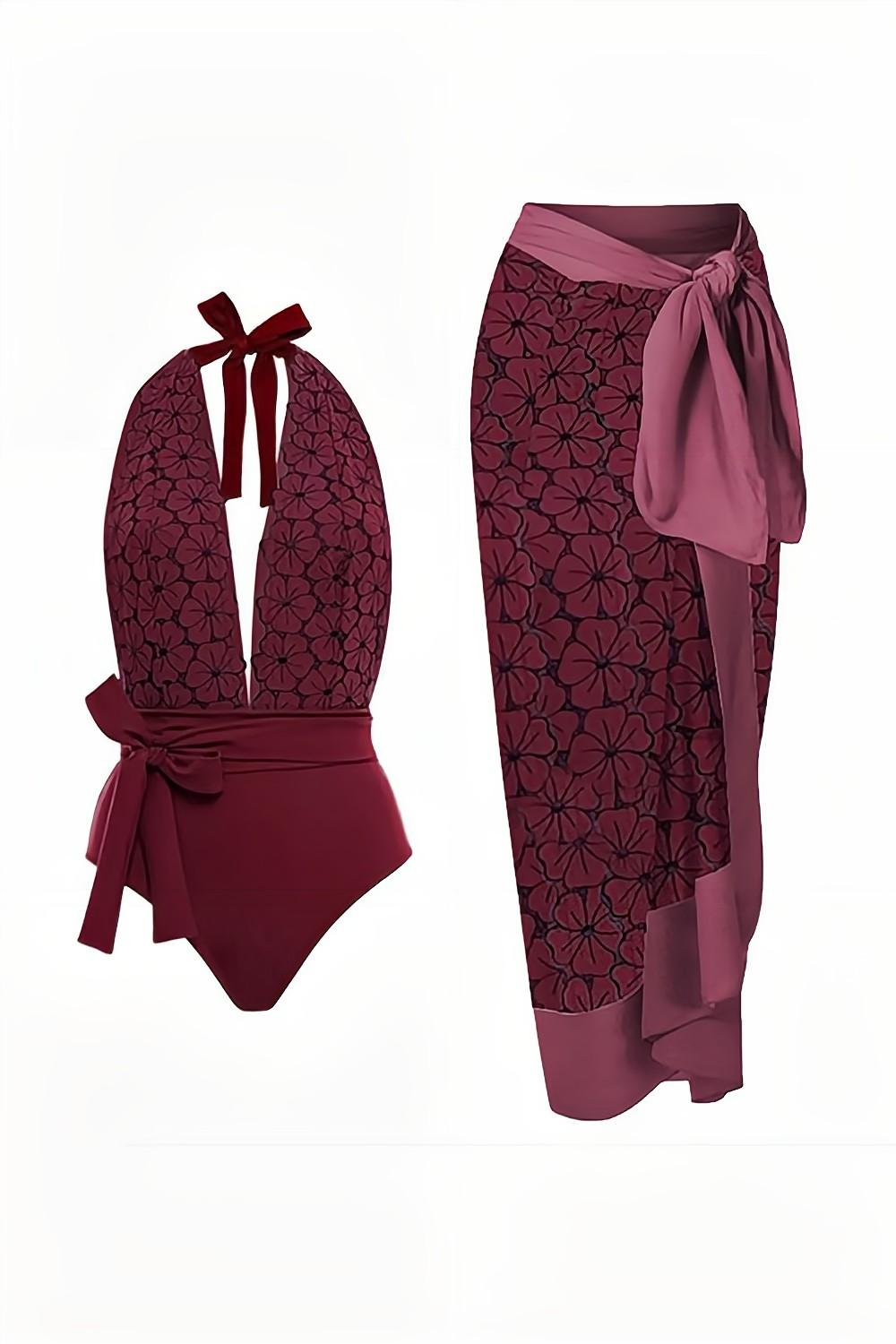 Halter Neck Green One Piece badetøy med strandskjørt