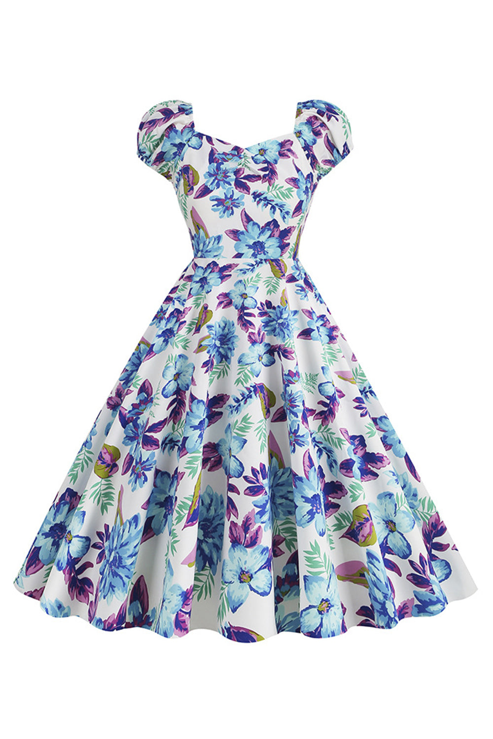 Svart blomsterprint Swing retro kjole med korte ermer