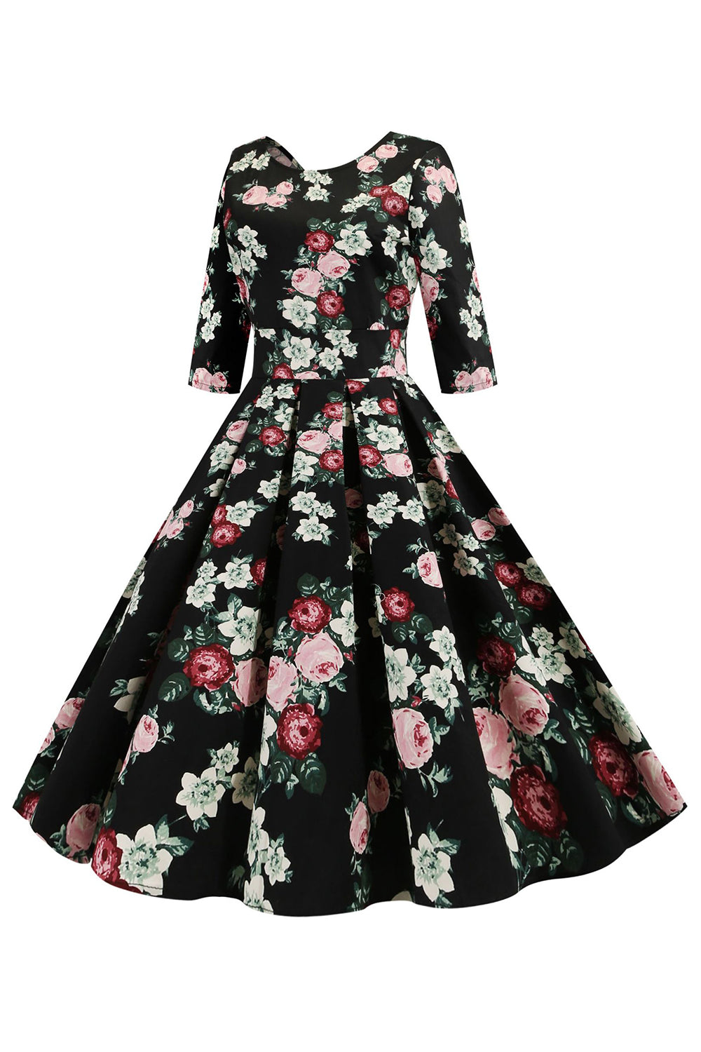 Svarte halvermer Blomstertrykt kjole fra 1950-tallet