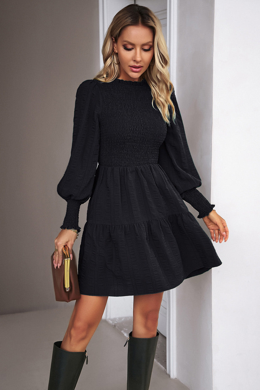 Rosa lange ermer En linje Casual kjole med Ruffles