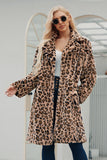 Brown Notched Lapel Leopard Trykt Long Women Faux Fur Coat