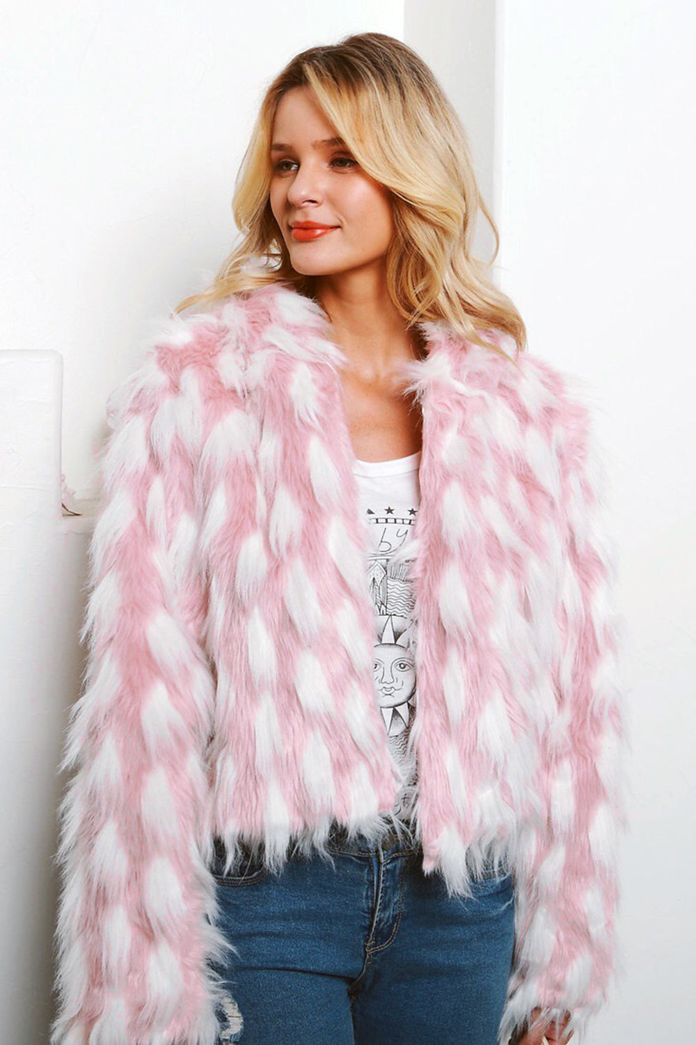 Rosa lappeteppe beskåret kvinner Faux Fur Coat