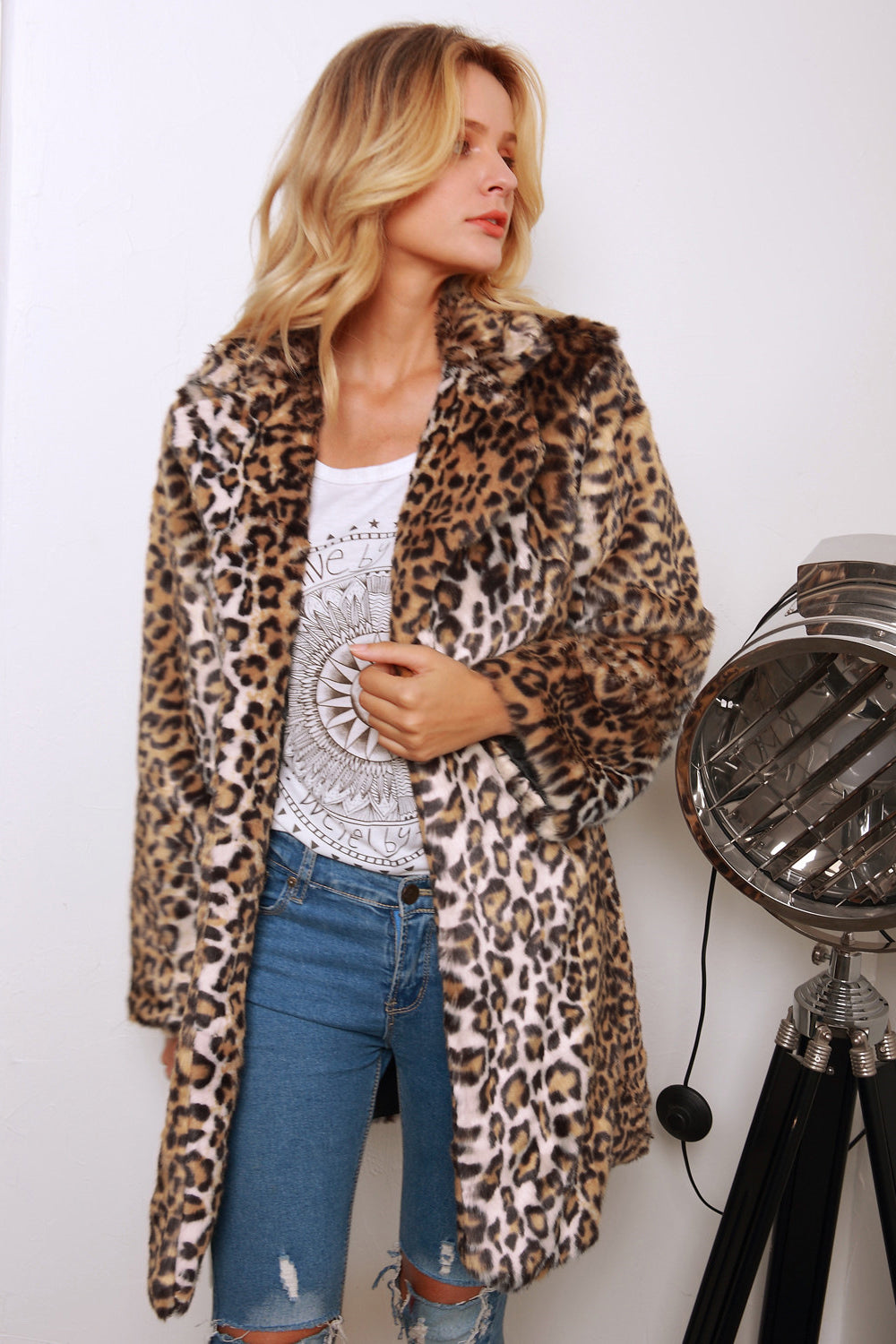Brun leopard trykt hakket jakke lang fuskepels kvinner frakk