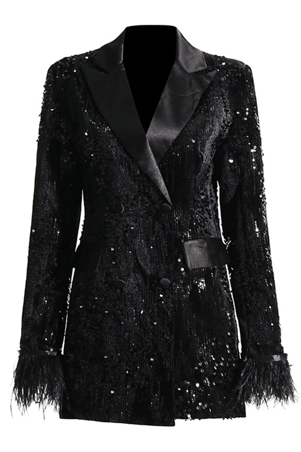 Sparkly Black Peak Lapel Sequins Women Blazer med fjær