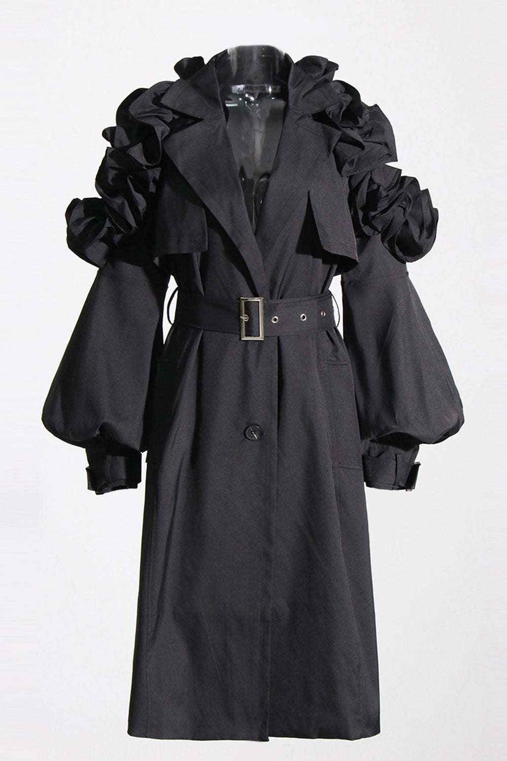 Khaki hakket lapel ruffled lang trenchcoat