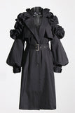 Khaki hakket lapel ruffled lang trenchcoat