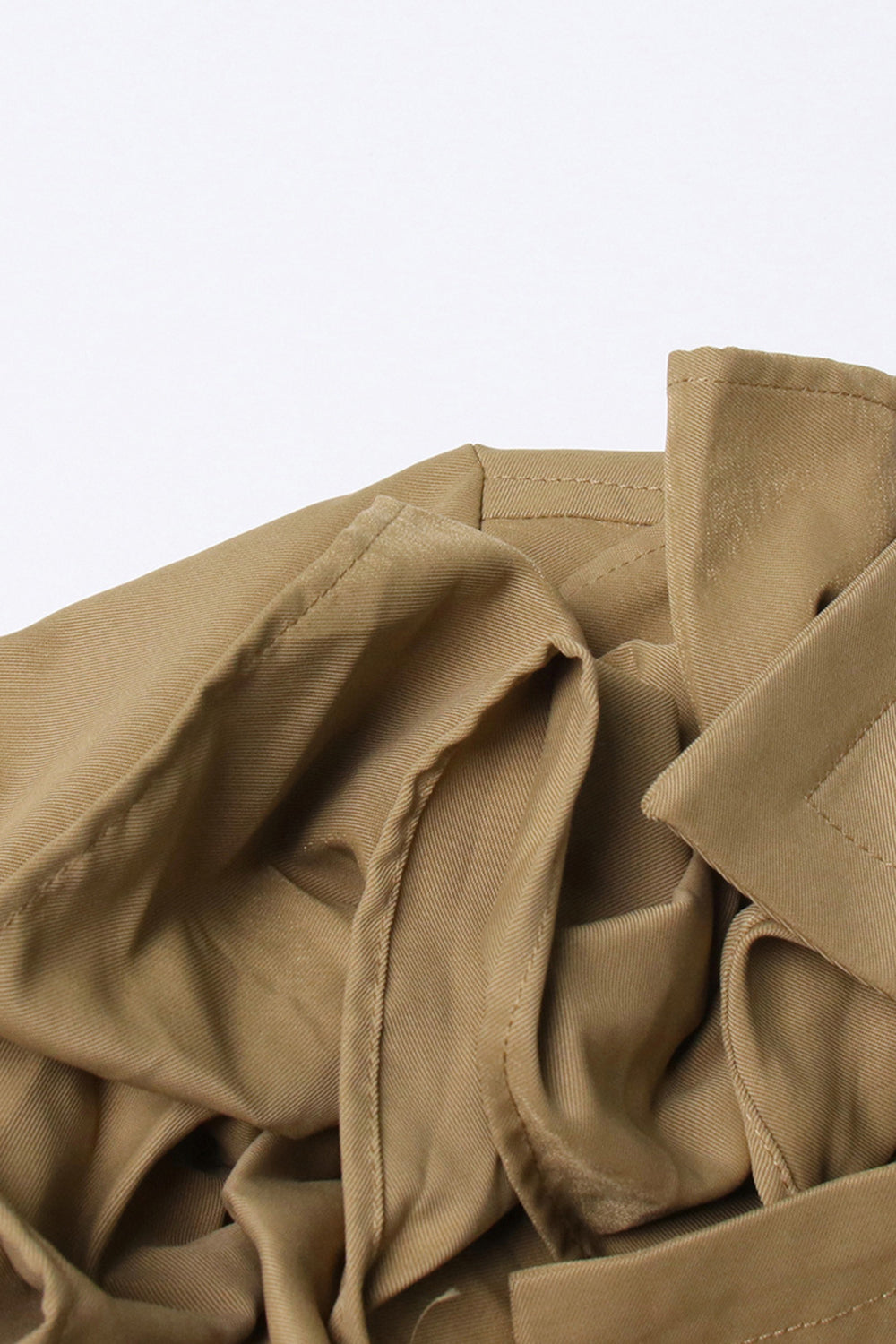 Khaki hakket lapel ruffled lang trenchcoat