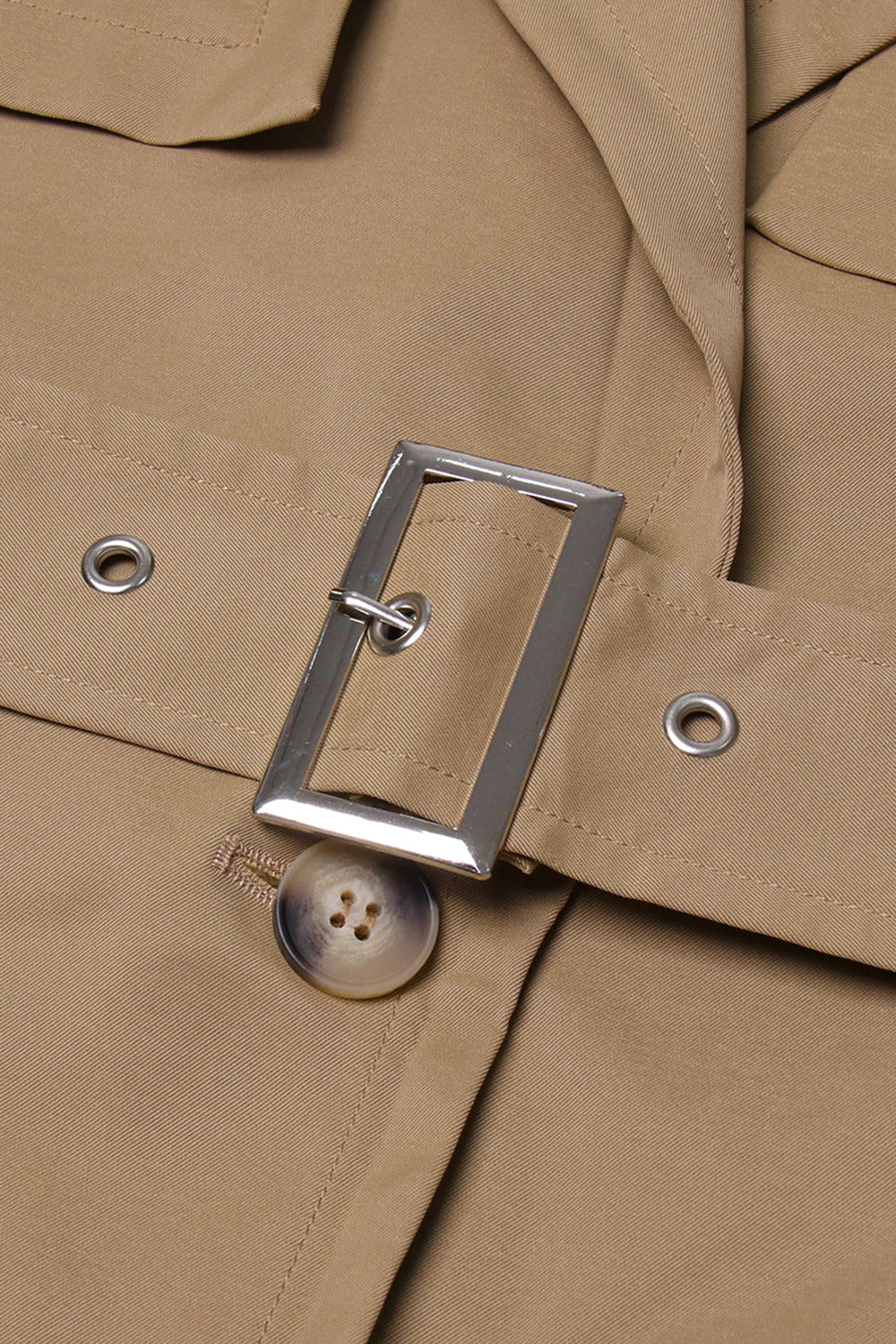 Khaki hakket lapel ruffled lang trenchcoat