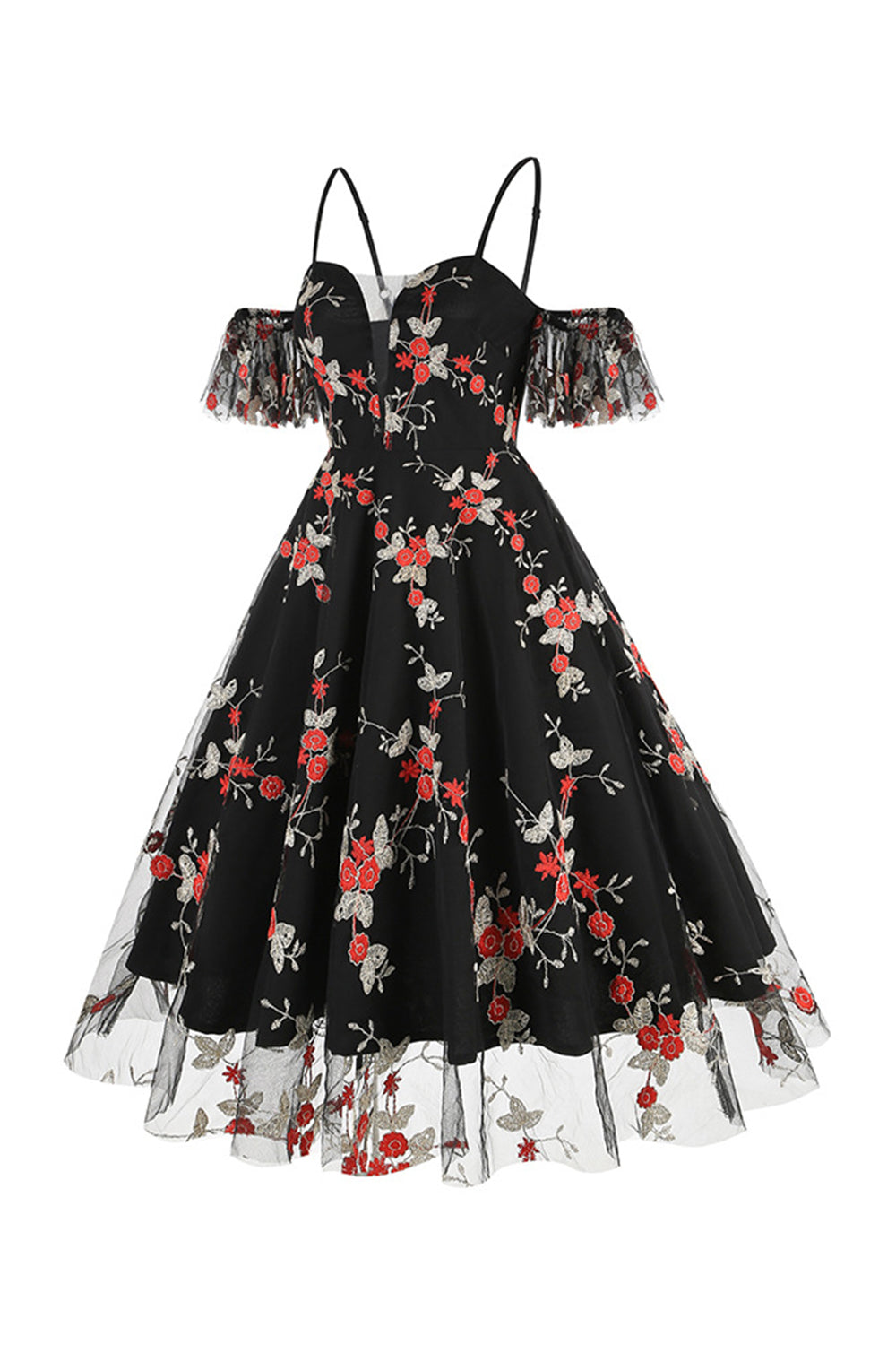 Av skulderblå kjole fra 1950-tallet med broderi