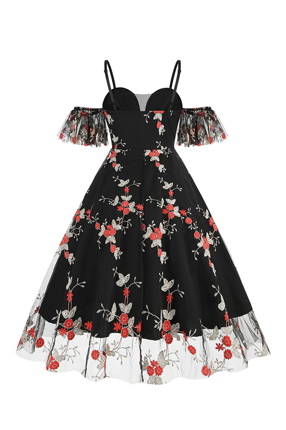 Av skulderblå kjole fra 1950-tallet med broderi