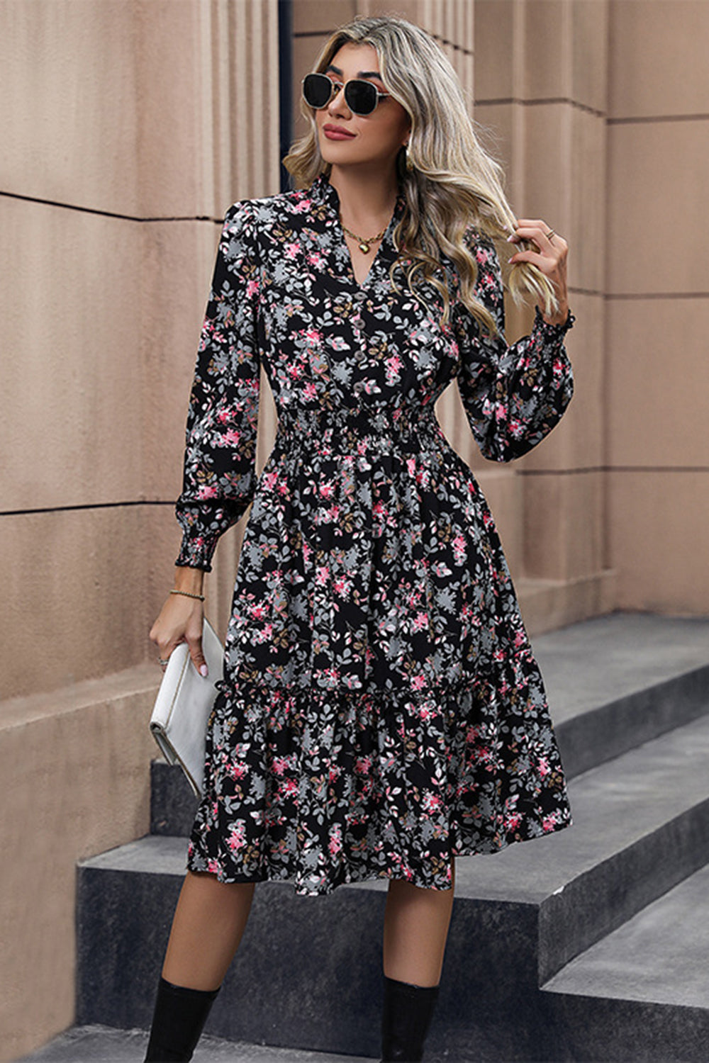 Floral Trykt V-hals lange ermer A Line Casual Dress