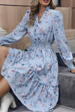 Floral Trykt V-hals lange ermer A Line Casual Dress