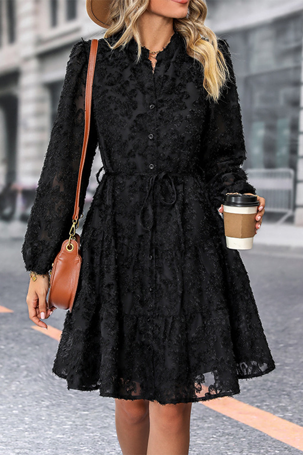 Svart En linje Lange ermer Casual Dress