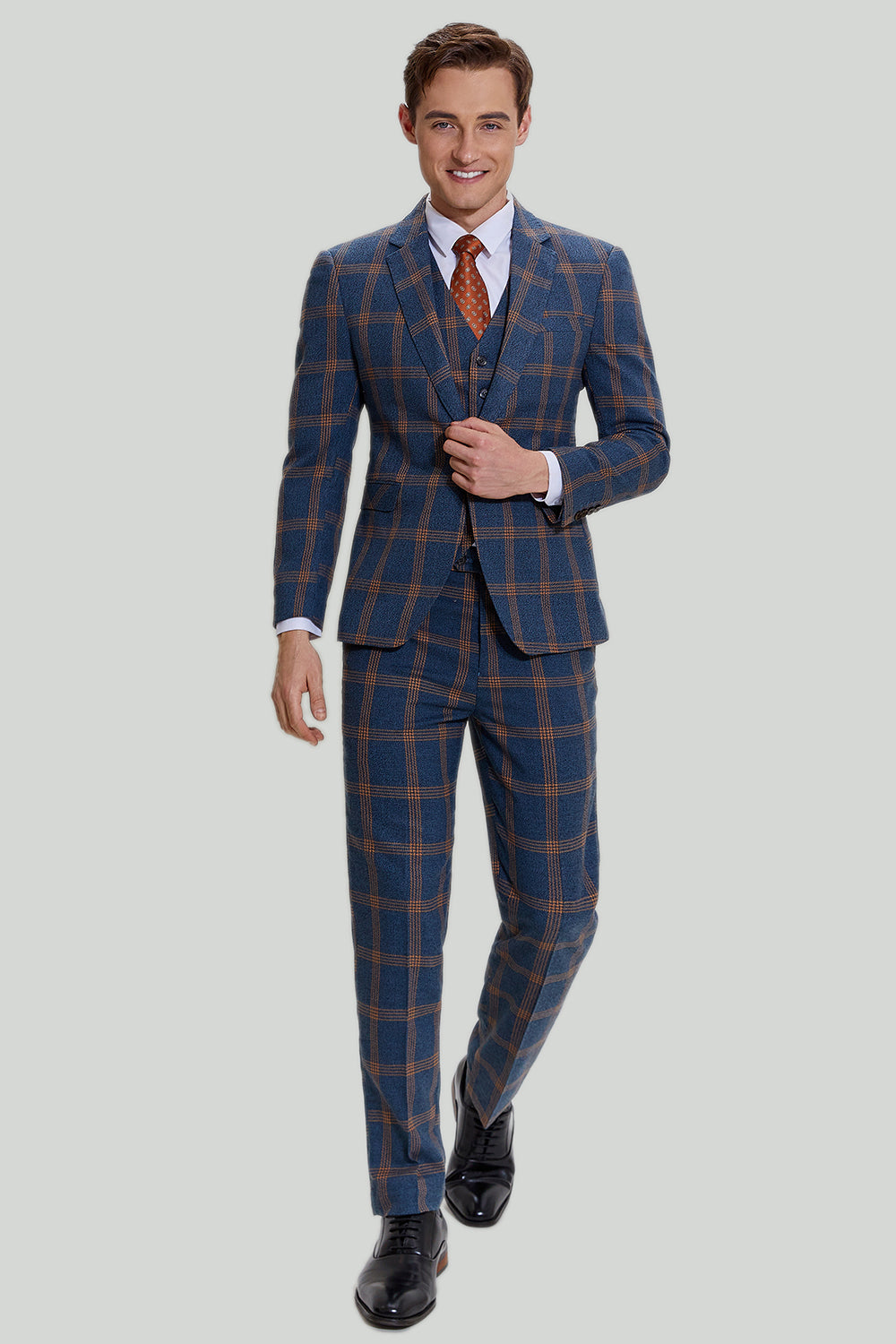 grå blå menns 3 stykke plaid hakket jakke balldrakter
