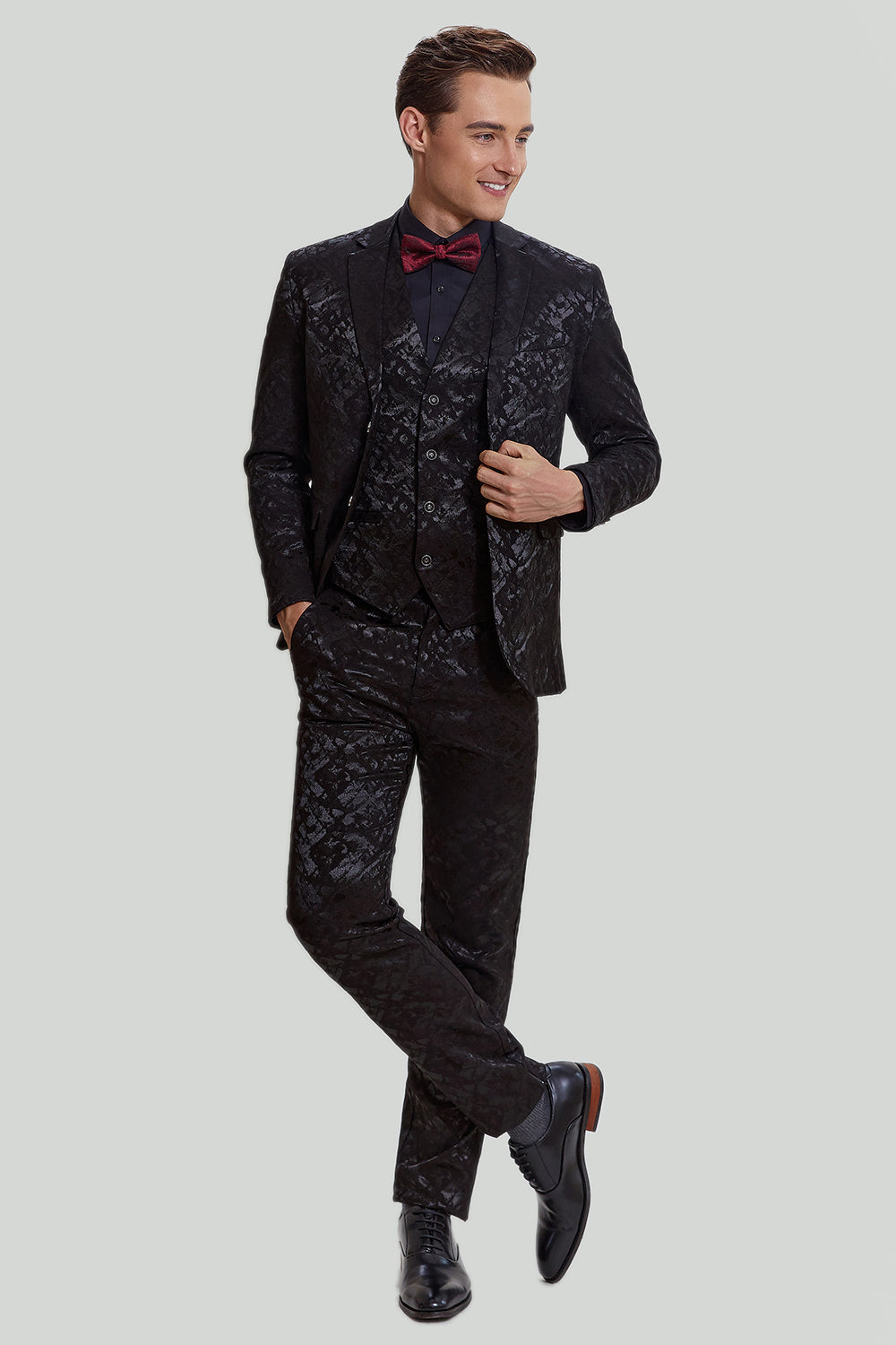 menns svart 3-delt jacquard jakke vest bukser dress