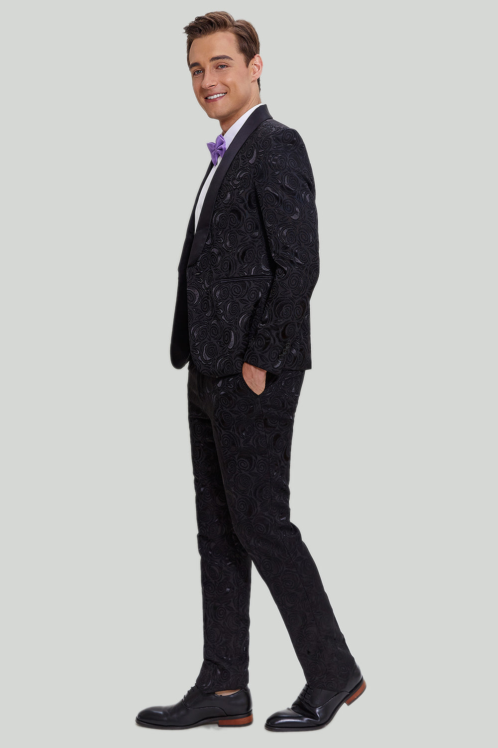 menns svart 2-delt jacquard en knapp passform dress sett