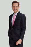 Svart Jacquard Sateng Notched Lapel Herre Blazer