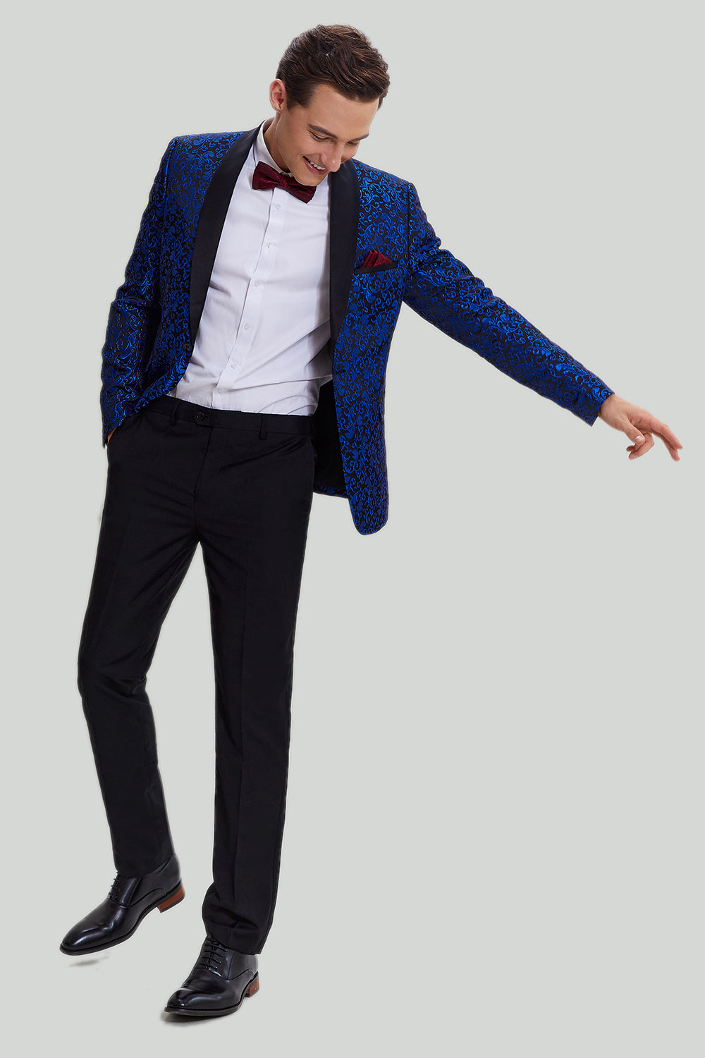 royal blå sjal lapel 2 stykke slank passform menns dress