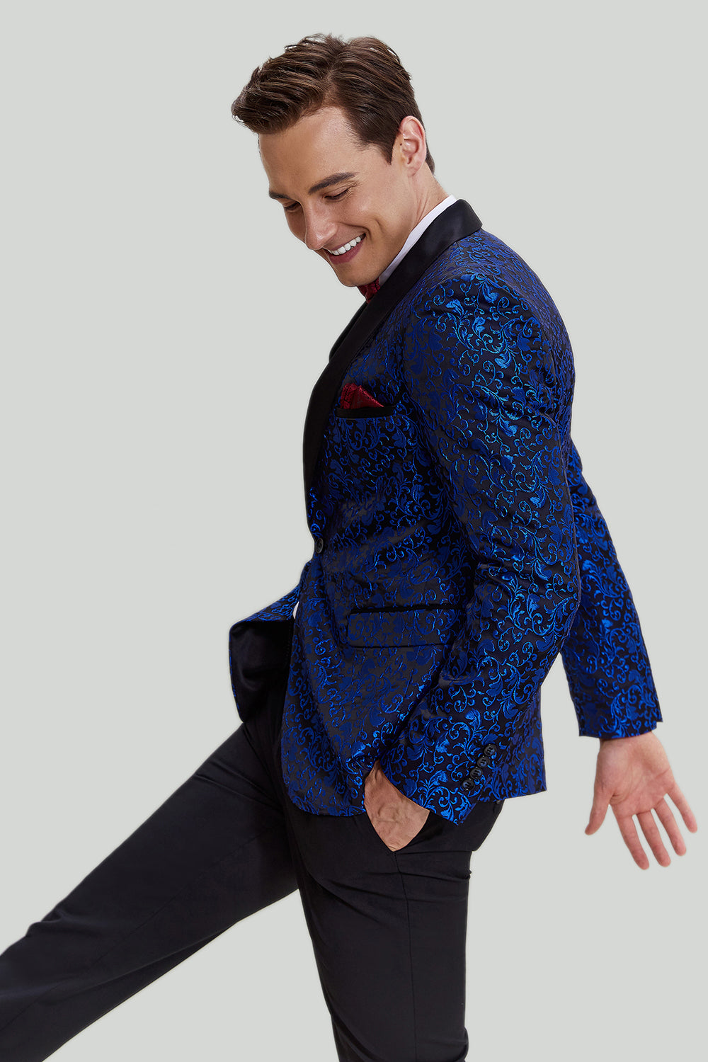 royal blå sjal lapel 2 stykke slank passform menns dress