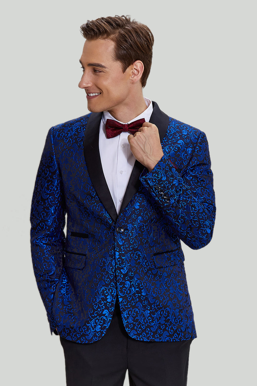 royal blå sjal lapel 2 stykke slank passform menns dress