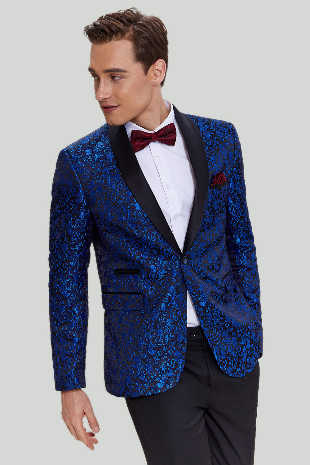 royal blå sjal lapel 2 stykke slank passform menns dress