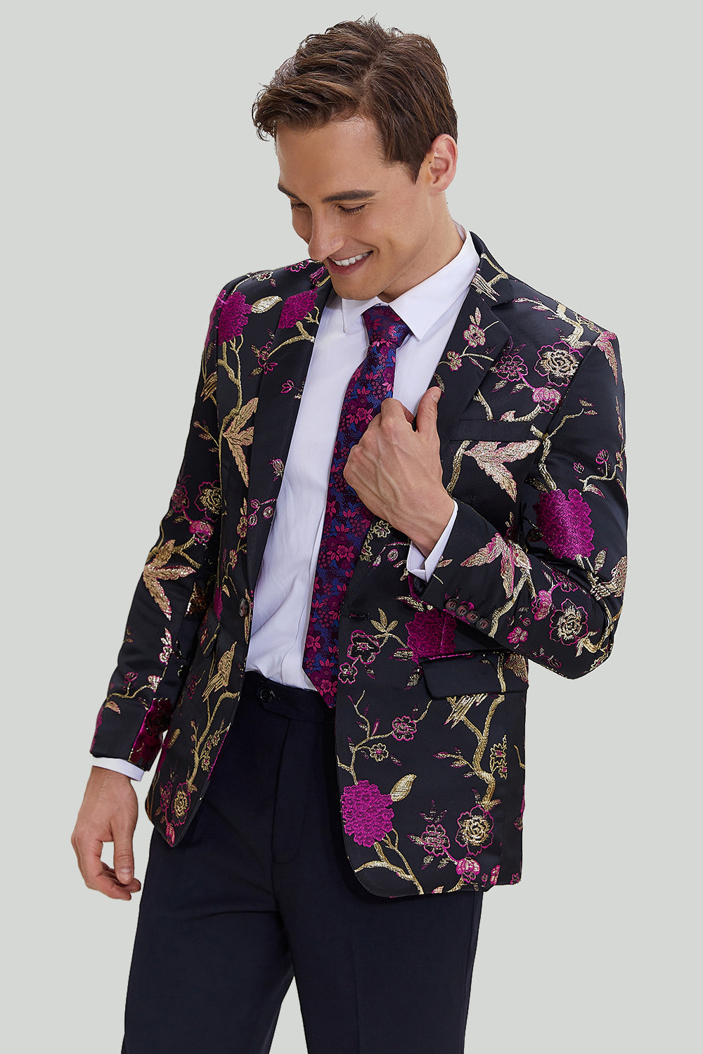 Svart Jacquard Sateng Notched Lapel Homecoming Blazer