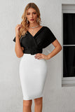 Svart og hvit Bodycon V-hals cocktailkjole med belte