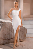 Hvit en skulder bodycon midi cocktail kjole med spalt