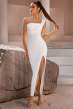 Hvit en skulder bodycon midi cocktail kjole med spalt