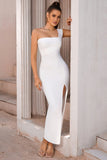 Hvit en skulder bodycon midi cocktail kjole med spalt