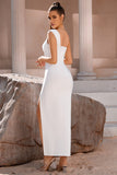 Hvit en skulder bodycon midi cocktail kjole med spalt