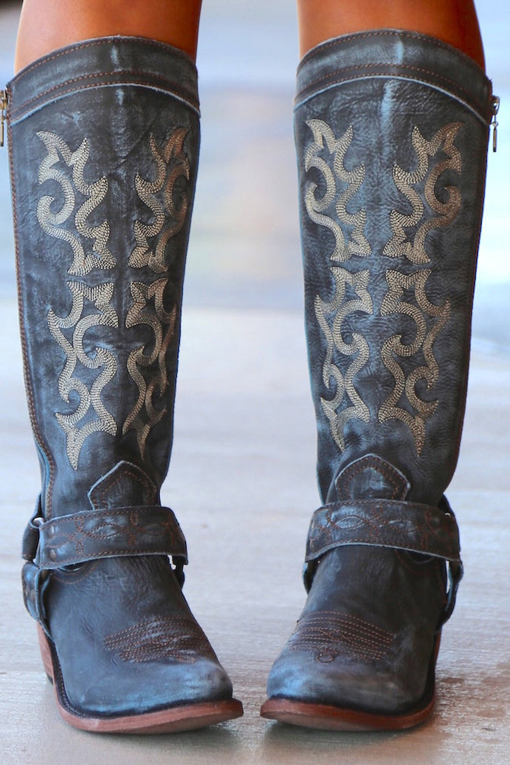 Blå brodert Cowgirl Boho Mid Calf Boots