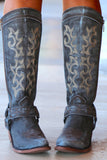 Blå brodert Cowgirl Boho Mid Calf Boots