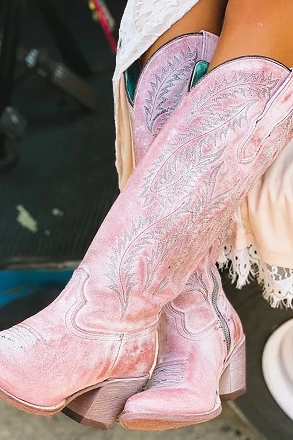 Dusty Rose brodert Mid Calf Cowgirl Boho støvler