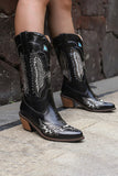 Svart broderi Mid Calf Chunky Heel Western Boots
