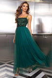 Sparkly Tulle Lace-Up Back Pine formell kjole med paljetter