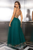 Sparkly Tulle Lace-Up Back Pine formell kjole med paljetter