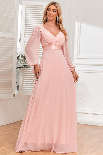 Chiffon V-Neck Blush formell kjole med lange ermer