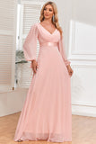 Chiffon V-Neck Blush formell kjole med lange ermer