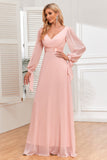 Chiffon V-Neck Blush formell kjole med lange ermer