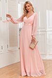 Chiffon V-Neck Blush formell kjole med lange ermer