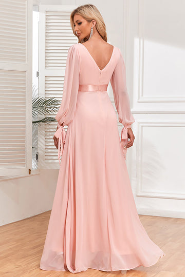 Chiffon V-Neck Blush formell kjole med lange ermer